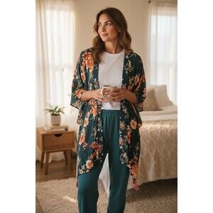 Boho Floral Kimono Robe  Women's Sz XL Teal Pink Open Front Tassels Garden Girl